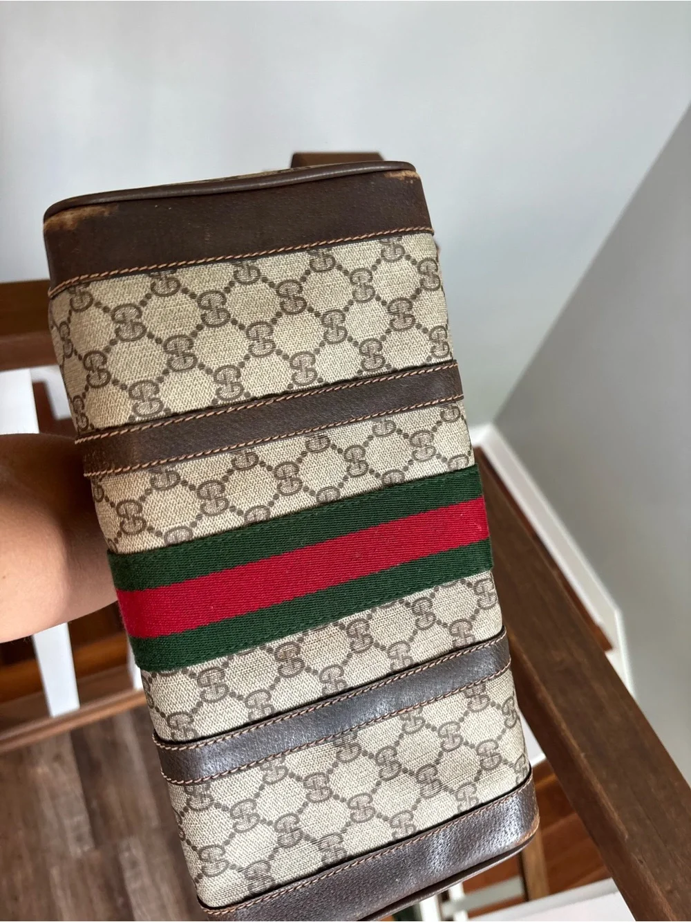Gucci Brown GG Supreme Satchel with Green & Red Web Stripe